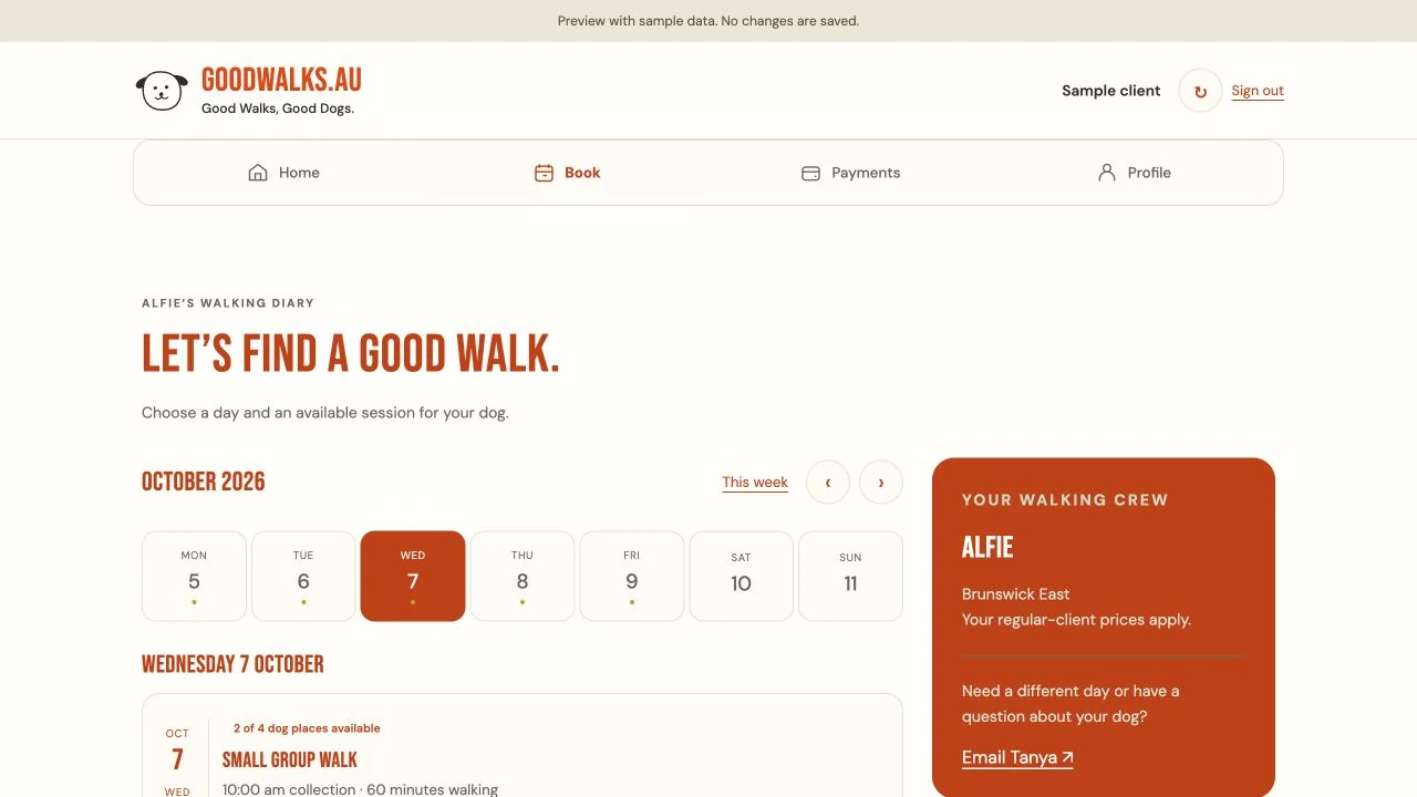 Good Walks client booking calendar with a Sample client and synthetic Alfie household
