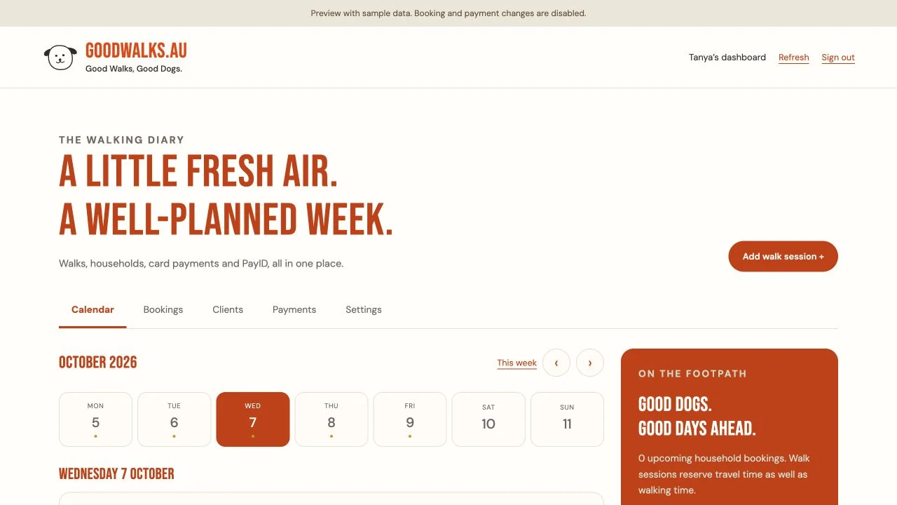 Good Walks management calendar in its built-in sample-data preview