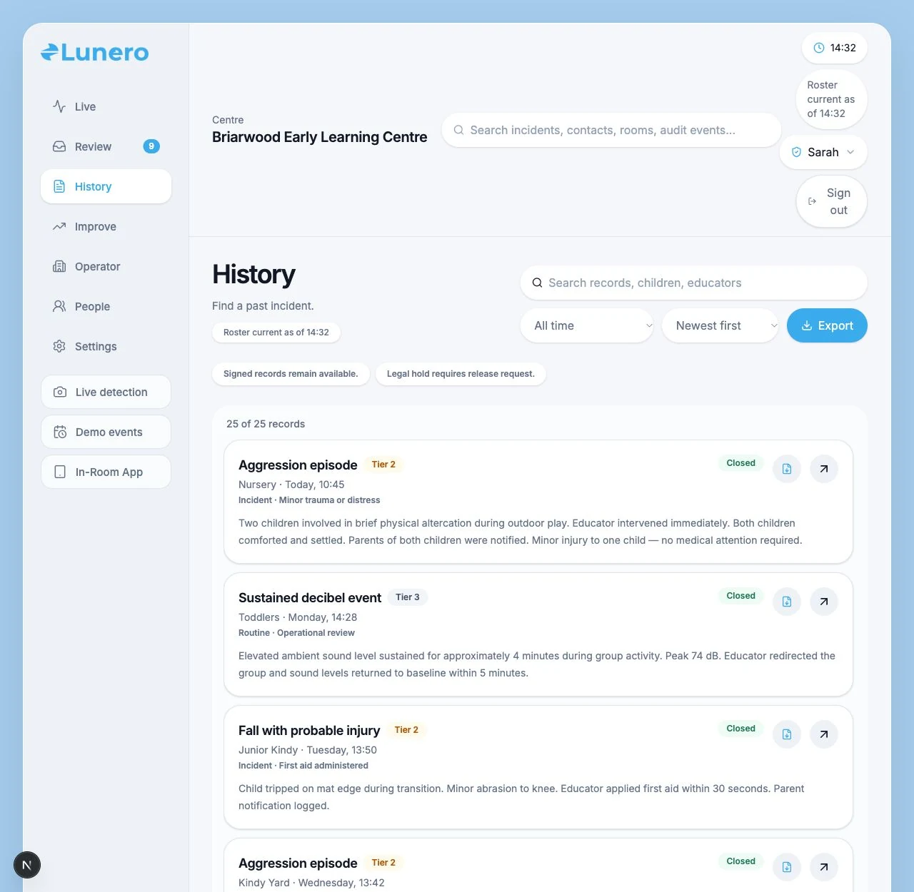 Lunero staged incident records interface
