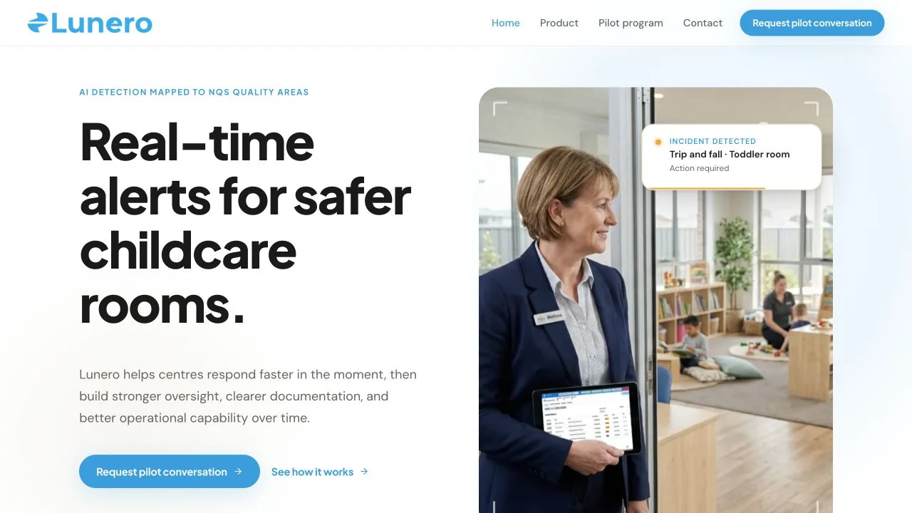Lunero website introducing real-time alerts for safer childcare rooms