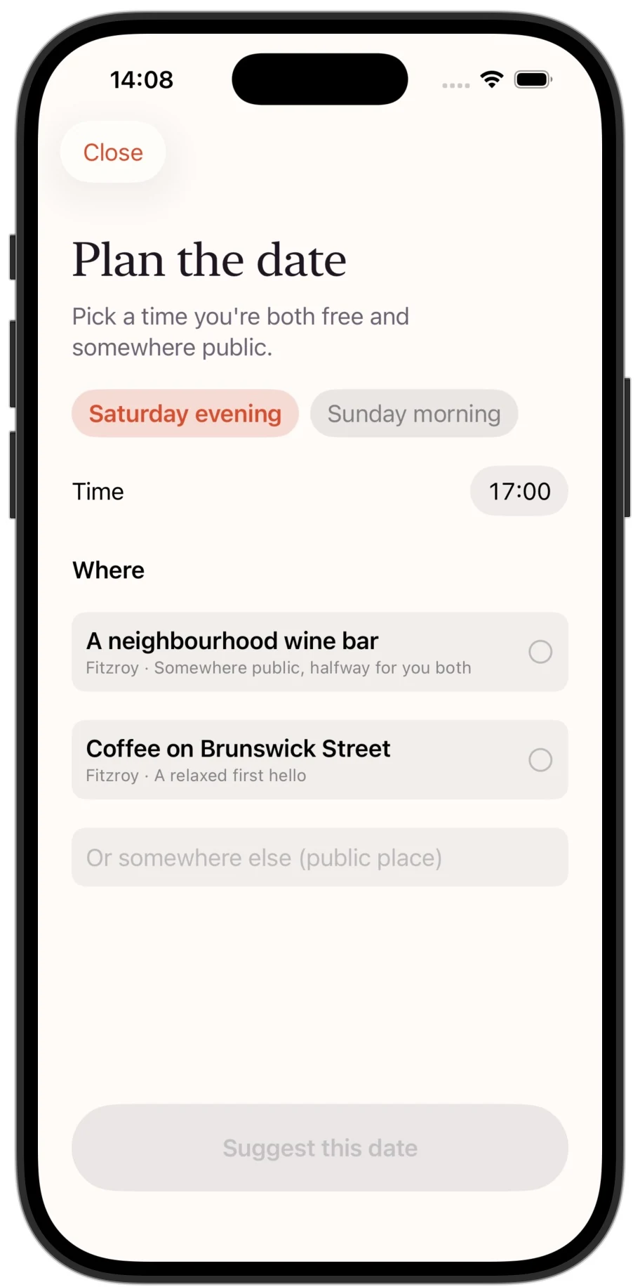 Sixish iPhone Plan the date screen with synthetic availability and venues